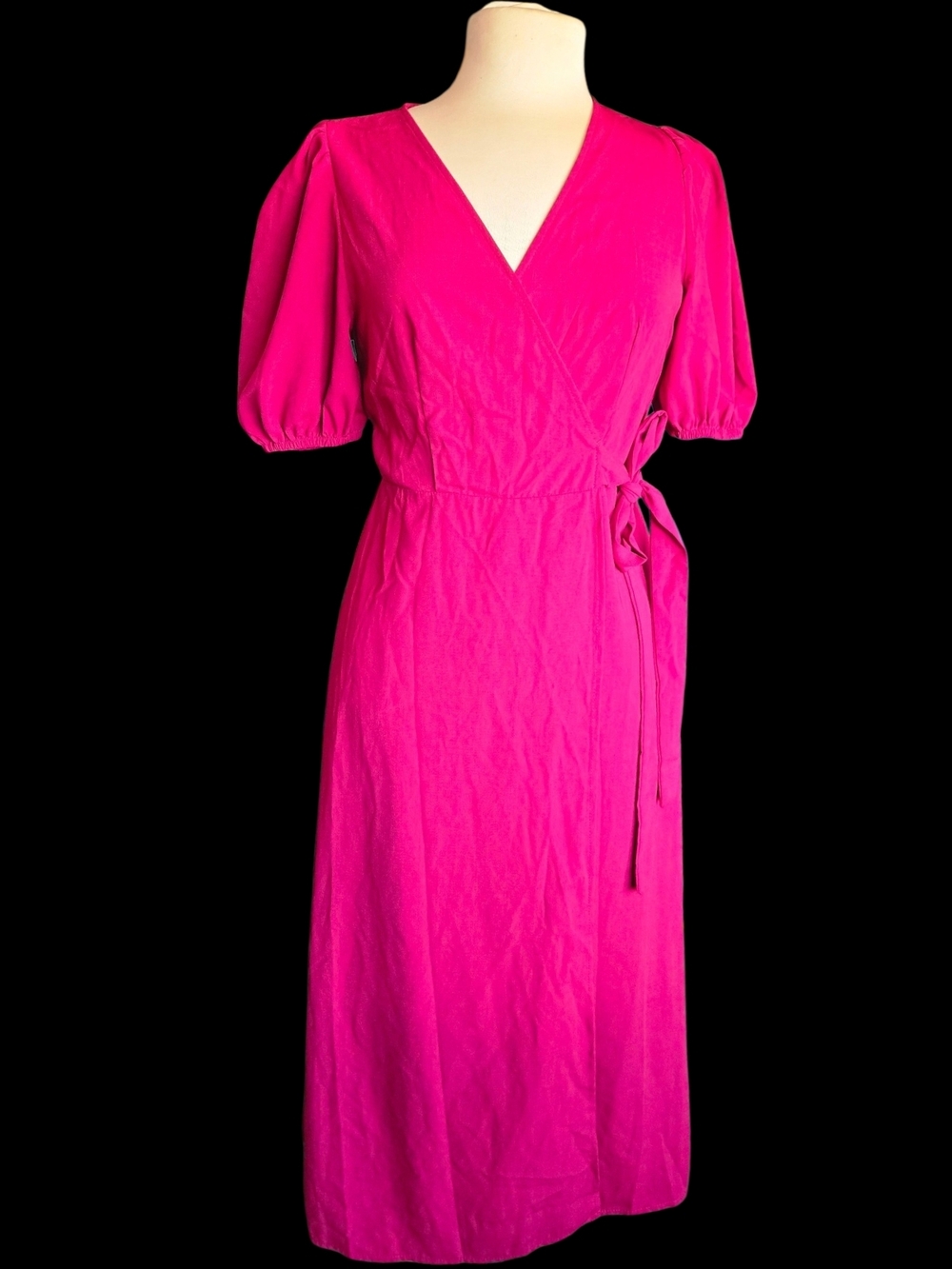 SHEIN Red Wrap Midi Dress with Puff Sleeves Sz M